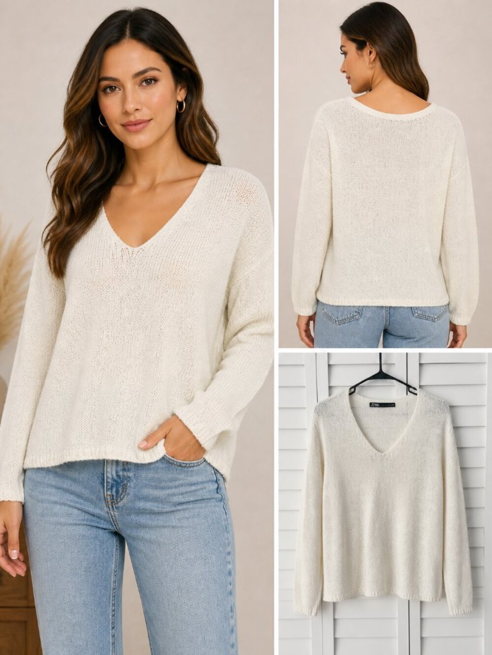 Zara Cream V Neck Knit Sweater Minimalist Cozy Top Size M